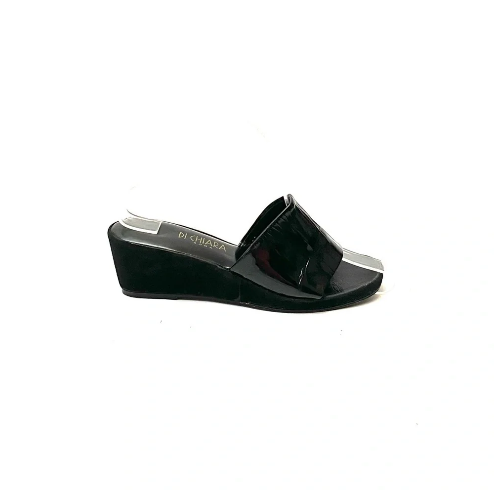 Vintage 1970s black leather suede wedge sandals